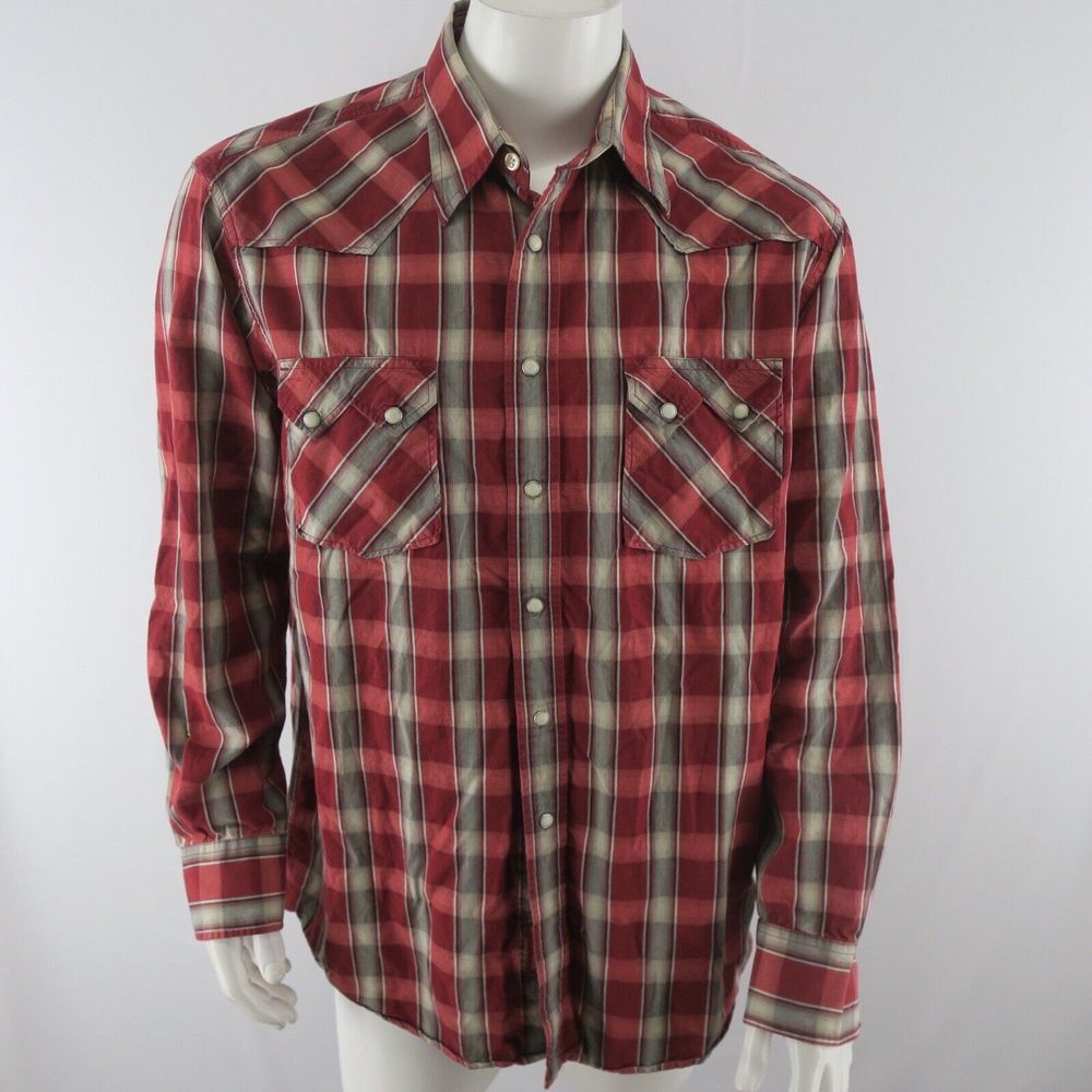 Lucky‎ Brand Pearl Snap Western Shirt Mens Size L Red